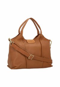 Sac à main en cuir marron avec poignées doubles, bandoulière ajustable, finition texturée, quincaillerie dorée et fermeture supérieure sécurisée.