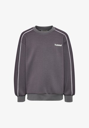 Szara bluza z miękkiej tkaniny, z okrągłym dekoltem, białymi akcentami wzdłuż ramion oraz logo „hummel” na piersi.