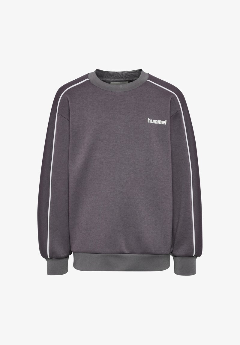 Szara bluza z miękkiej tkaniny, z okrągłym dekoltem, białymi akcentami wzdłuż ramion oraz logo „hummel” na piersi.