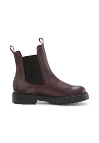 Burgundy leather ankle boot with elastic side panels and pull tabs, featuring a textured black rubber sole with deep treads for grip.