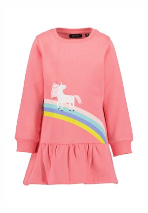 Langärmliges rosa Kinderkleid mit Rüschensaum, mit weißem Einhorn und Regenbogengrafik auf der Vorderseite.