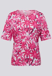Short-sleeve T-shirt featuring a vibrant pink floral pattern on a white background, crafted from lightweight cotton material.