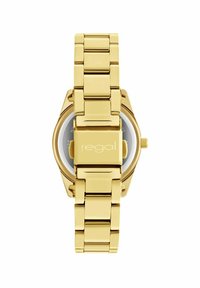 Gouden metalen polshorloge met een rechthoekige wijzerplaat, schakeltjesarmband en een zilveren wijzerplaat met een subtiele logo. Gepolijste afwerking, geen zichtbare markeringen.