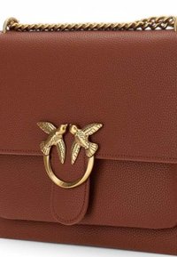 Borsa a mano rettangolare in pelle marrone con texture a buccia d'arancia, tracolla in catena dorata e chiusura con due figure di uccelli e un accent circolare.