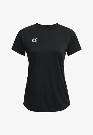 Tricou negru cu mânecă scurtă, fabricat dintr-un material neted, cu guler rotund și un logo alb Under Armour pe piept.