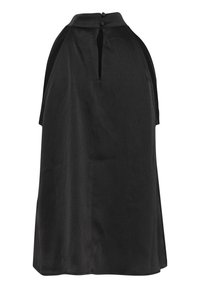 Black sleeveless dress with a high collar, featuring a keyhole back opening and two buttons at the neck, smooth textured fabric.