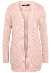 Blassrosa gestrickte Strickjacke mit offenem Vorderteil, ausgestattet mit gerippten Akzenten und zwei vorderen Taschen. Weicher Stoff und entspannter Sitz.