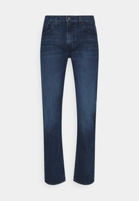 Jeans de mezclilla azul oscuro con un diseño de pierna recta, que cuentan con un cierre frontal de botón, lazos para cinturón y bolsillos estructurados. Textura suave.