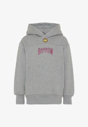 Szara bluza z kapturem i przednią kieszenią, z napisem "Barrow Hall of Fame" w kolorze fioletowym oraz małą żółtą naszywką z uśmiechniętą buźką pod kapturem.