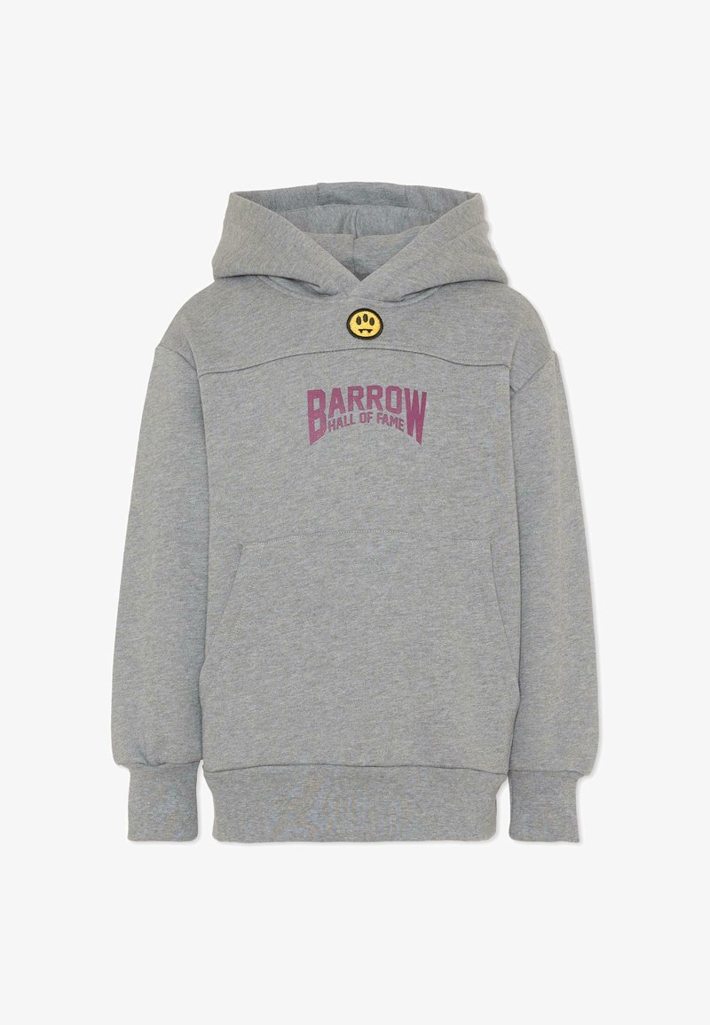 Felpa grigia con cappuccio e tasca frontale, testo "Barrow Hall of Fame" in viola, e una piccola toppa con faccina gialla sorridente sotto il cappuccio.