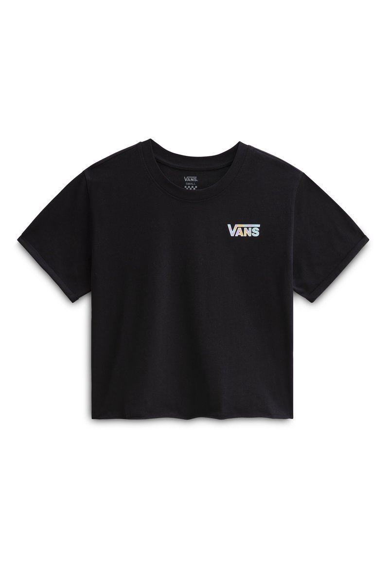 Svart croppad Vans T-shirt med korta ärmar och iriserande Vans-logotyp på vänster bröst.