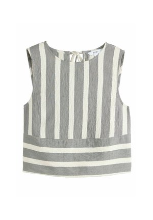 Szary i kremowy top bez rękawów w paski, z okrągłym dekoltem, teksturowaną tkaniną oraz wiązaniem z tyłu. Paski poziome i pionowe.