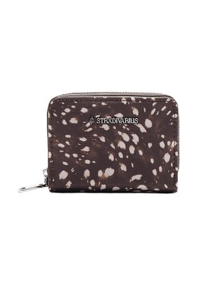 Brown wallet with white irregular spots, silver zipper on side, and "STRADIVARIUS" logo in silver on front center.