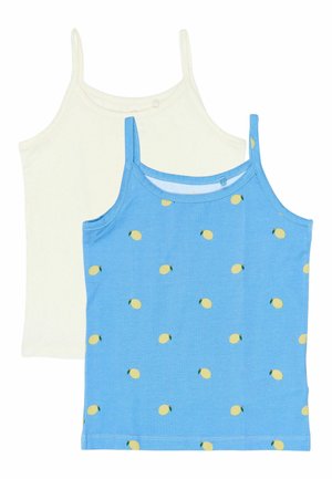 Dve tielka: jedno krémové a jedno svetlomodré so žltými vzormi citrónov. Obe majú tenké ramienka a mäkkú bavlnenú textúru.