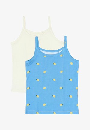 Du geltono tankų viršūnės: viena kreminė, kita šviesiai mėlyna su geltonų citrinų raštais. Abi turi plonas petnešėles ir yra pagamintos iš švelnaus medvilnės audinio.