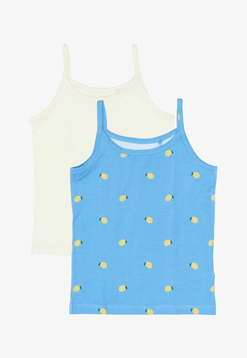 Due canottiere: una crema e una azzurro chiaro con motivi di limoni gialli. Entrambe hanno spalline sottili e una texture morbida in cotone.