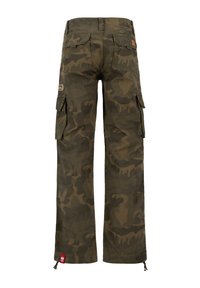 Cargo broek met een camouflagepatroon in groen en bruin. Heeft grote zijzakken en een trekkoord bij de zoom. Gemaakt van duurzaam stof.