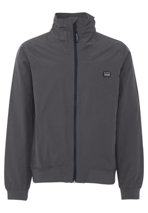Gray zip-up jacket with a stand-up collar, elastic cuffs, and waistband. Features a subtle logo on the upper left side. Lightweight material.