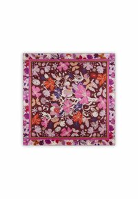 Motif floral vibrant mettant en avant des fleurs roses, rouges et violettes sur un fond bordeaux profond, encadré par une bordure décorative.