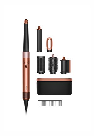 Hairstyling gereedschapset met een zwart en roségouden handvat, meerdere opzetstukken en een matte zwarte opbergdoos met roségouden accenten.