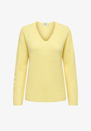 Keltainen neulepaita, jossa on V-pääntie, pitkät hihat ja ribbitekstuuri. Ominaisuuksiin kuuluu rento malli ja pehmeä materiaali mukavuutta varten.