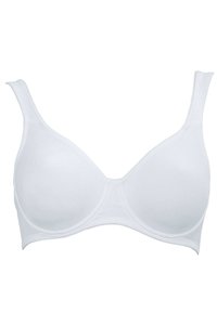 Reggiseno bianco senza fili realizzato in tessuto liscio, caratterizzato da due spalline larghe, un design delle coppe sagomato e una finitura senza cuciture. Nessun hardware visibile.