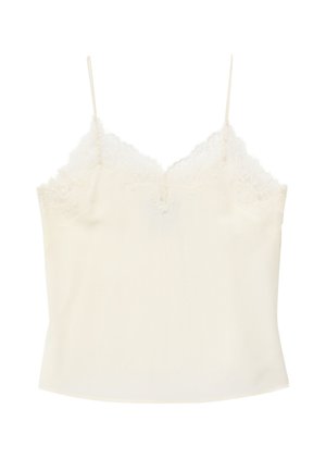 Cami top in cream silk with delicate lace trim along the neckline and straps. Features a fitted shape and smooth texture.