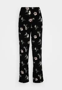 Pantalons noirs à fleurs en tissu léger avec un motif de fleurs roses et de feuilles vertes, conçus avec une coupe ample et une taille élastique.