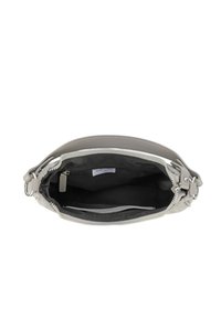 Borsa a tracolla in pelle grigia con chiusura a zip. Include foderatura interna morbida, una tasca interna e una finitura liscia.