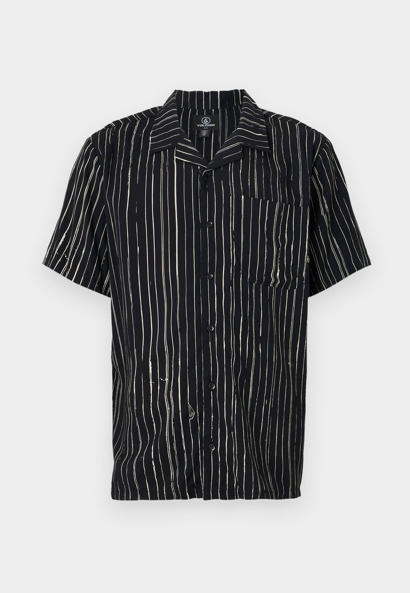 Camicia a maniche corte in tessuto nero con righe verticali bianche, tasca sul petto sinistro e colletto con vestibilità rilassata.