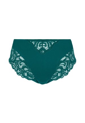 Teal lace brief featuring a scalloped edge design, floral lace accents, and a smooth front panel. Soft fabric for comfort.