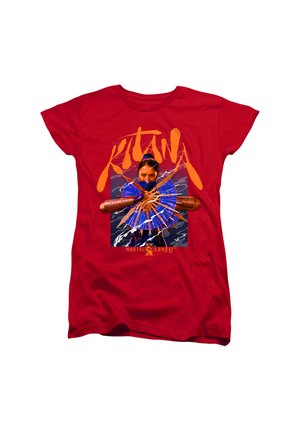 Red t-shirt with a graphic of Kitana from Mortal Kombat holding blue fans crossed in front of her face with orange text above.