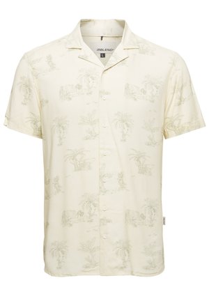 Krátky rukáv svetložlté tričko s kvetinovým vzorom s palmami, so zapínaním na gombíky a dizajnom v štýle kempingového goliera, vyrobené z ľahkého materiálu.