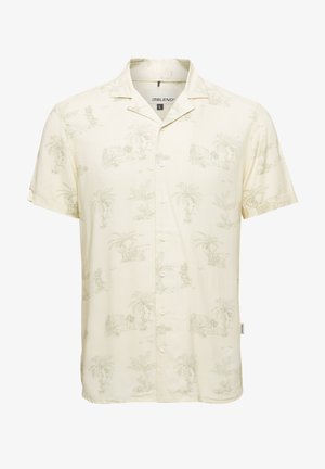 Krátky rukáv svetložlté tričko s kvetinovým vzorom s palmami, so zapínaním na gombíky a dizajnom v štýle kempingového goliera, vyrobené z ľahkého materiálu.