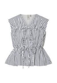 Haut peplum rayé en blanc et noir. Présente un décolleté en V, des détails froncés et des accents à nouer. Tissu léger avec une finition texturée.