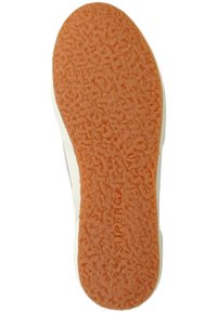 Shoe sole with an orange, textured rubber surface, featuring "SUPERGA" embossing. Edges are white, transitioning from sole to upper.