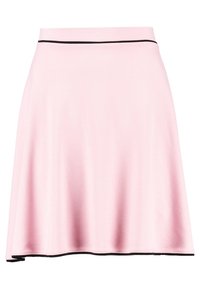 Vaaleanpunainen liehukehame, jossa on musta reunus vyötäröllä, valmistettu pehmeästä kankaasta. Hameessa on sileä pinta ja A-linjainen siluetti.