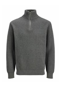 Pelēks ribots adīts džemperis ar garām piedurknēm un puskabatas apkakli, prezentēts uz balta fona.