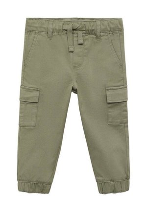 Pantaloni cargo verde măsliniu cu talie elastica și cordon, având buzunare laterale și tivuri tapered la glezne.