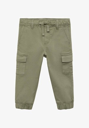Pantalons cargo vert olive avec taille élastique et cordon de serrage, dotés de poches latérales et de poignets fuselés aux chevilles.