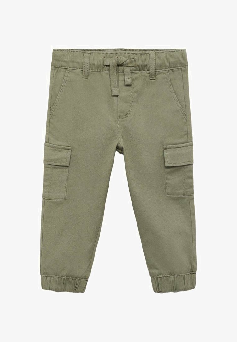 Olivgrüne Cargo-Hosen mit elastischem Bund und Kordelzug, seitlichen Taschen und schmal zulaufenden Bündchen an den Knöcheln.