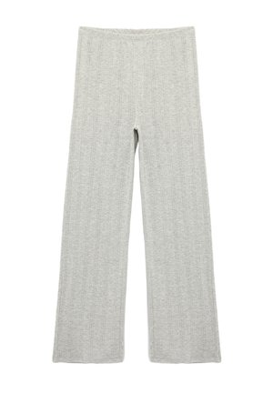 Lichtgrijze wijde broek gemaakt van ribbelbrei, met een gestructureerd oppervlak en een elastische tailleband voor comfort.