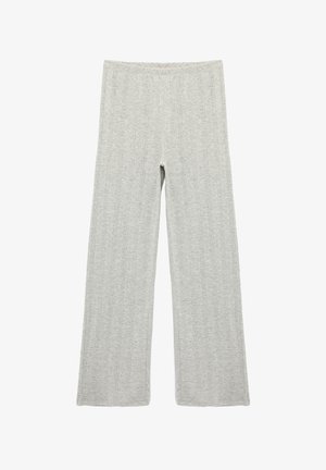 Lichtgrijze wijde broek gemaakt van ribbelbrei, met een gestructureerd oppervlak en een elastische tailleband voor comfort.