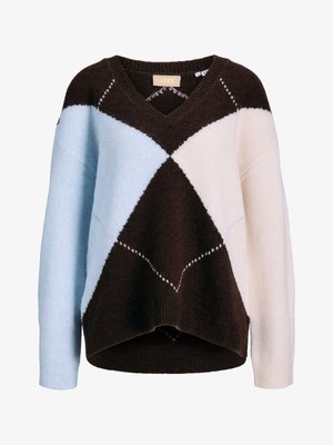 Maglione con scollo a V e vestibilità oversize, caratterizzato da blocchi di colore azzurro chiaro, crema e marrone scuro in un motivo geometrico.