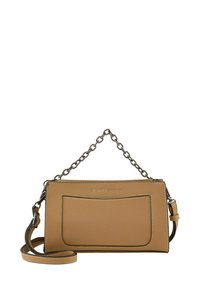Tassel leren schoudertas met een kettingriem, gladde textuur, rechthoekige vorm, voorzak en contrasterende stikdetails.