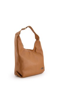 Braune Lederhandtasche mit einer weichen, strukturierten Oberfläche, einer abgerundeten Silhouette und einem einzigen gebogenen Griff. Mit einem dezenten Logo-Acccent.