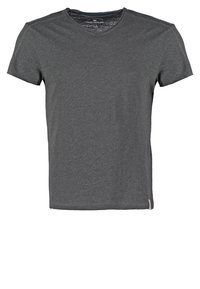 Kortærmet t-shirt med rund hals i mørkegrå, lavet af blødt bomuldsstof; har diskrete sømmede detaljer og et lille logo på kanten.