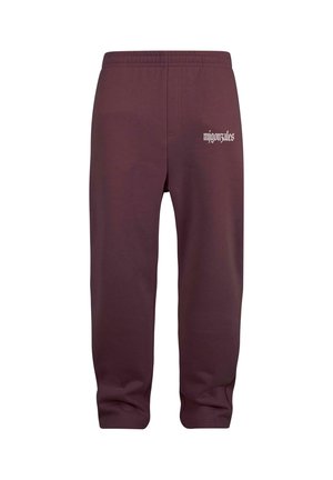 Bordeauxfarbene Sweatpants mit einem elastischen Bund und gerippten Bündchen. Der Stoff hat eine glatte Textur und verfügt über eine weiße Logo-Stickerei auf dem linken Oberschenkel.