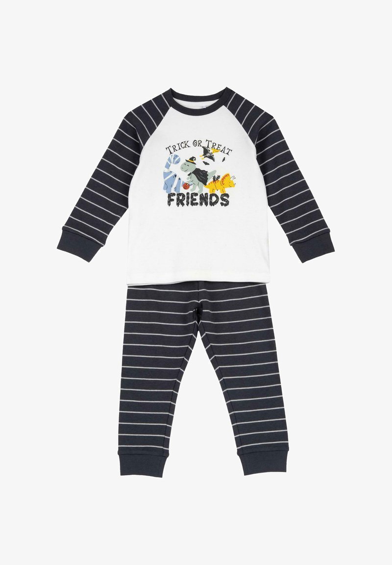 Ensemble pyjama enfant à manches longues avec rayures noires et blanches et un graphisme Halloween "Trick or Treat Friends" avec des monstres en dessin animé sur le haut.