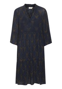Vestido azul marino con un sutil patrón de hojas, confeccionado en una tela ligera, con escote en V, mangas de tres cuartos y falda de volantes.